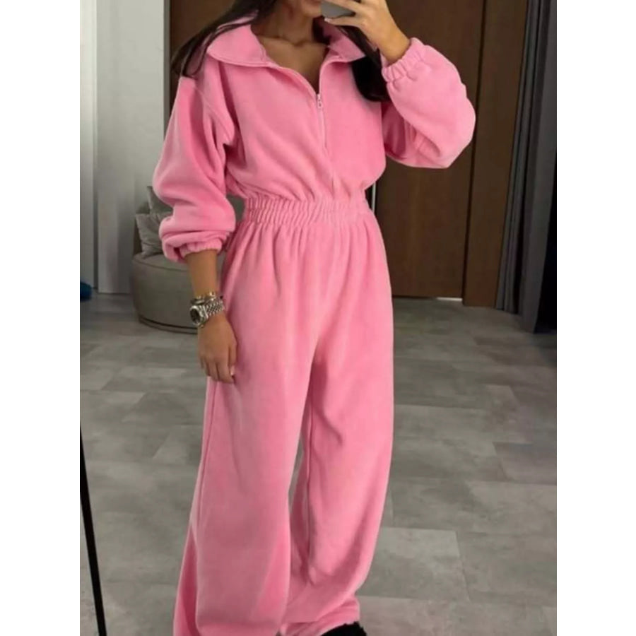 Casual Zip Front Long Sleeve Jumpsuit Pink-New / S Apparel and Accessories