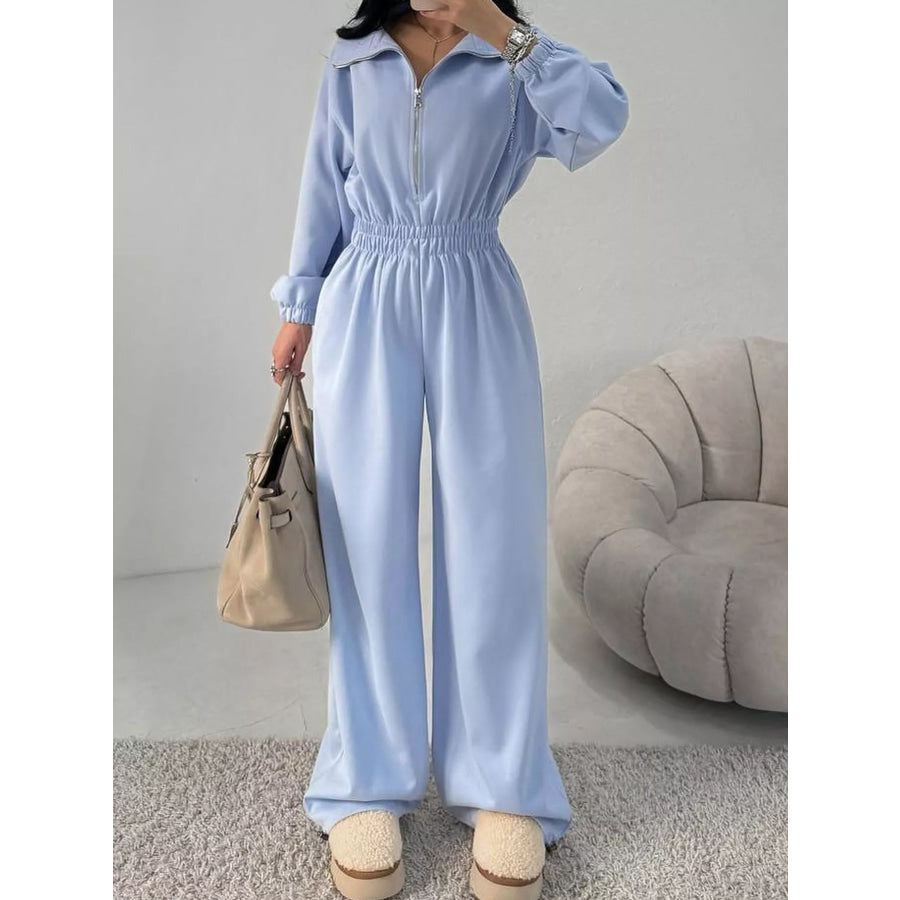 Casual Zip Front Long Sleeve Jumpsuit Sky Blue-New / S Apparel and Accessories