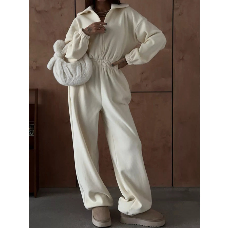 Casual Zip Front Long Sleeve Jumpsuit White / S Apparel and Accessories