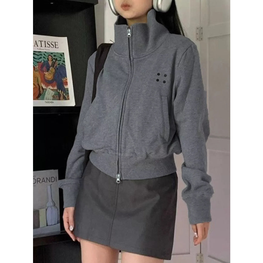 Casual Zip-Up Cropped Outerwear Gray / M Apparel and Accessories