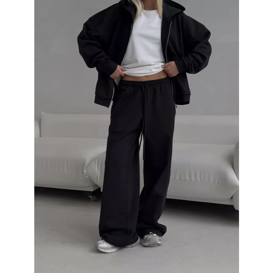 Casual Zip-Up Hoodie and Wide-Leg Sweatpants Set Apparel Accessories
