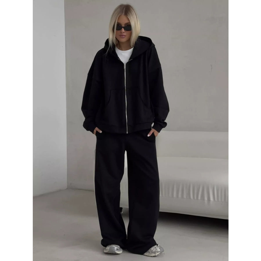 Casual Zip-Up Hoodie and Wide-Leg Sweatpants Set Apparel Accessories