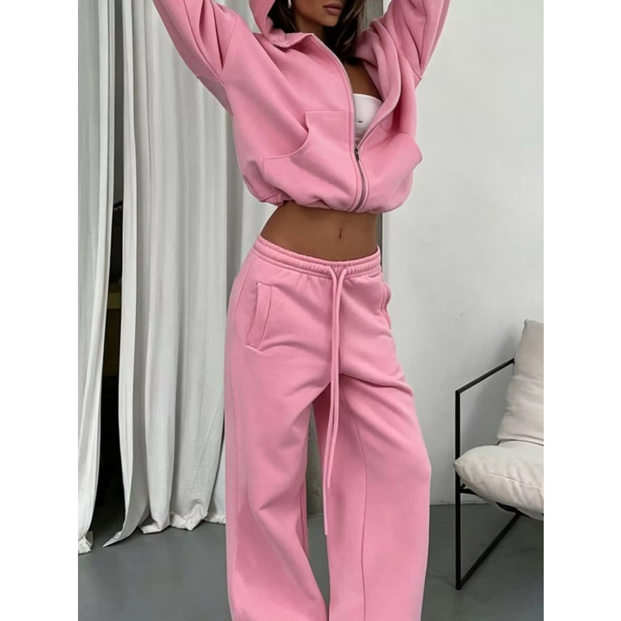 Casual Zip-Up Hoodie and Wide-Leg Sweatpants Set Apparel Accessories