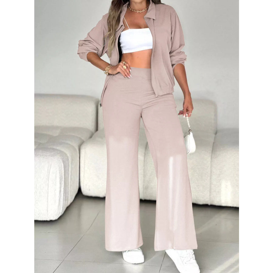 Casual Zip-Up Jacket and Wide-Leg Pants Set Apparel Accessories