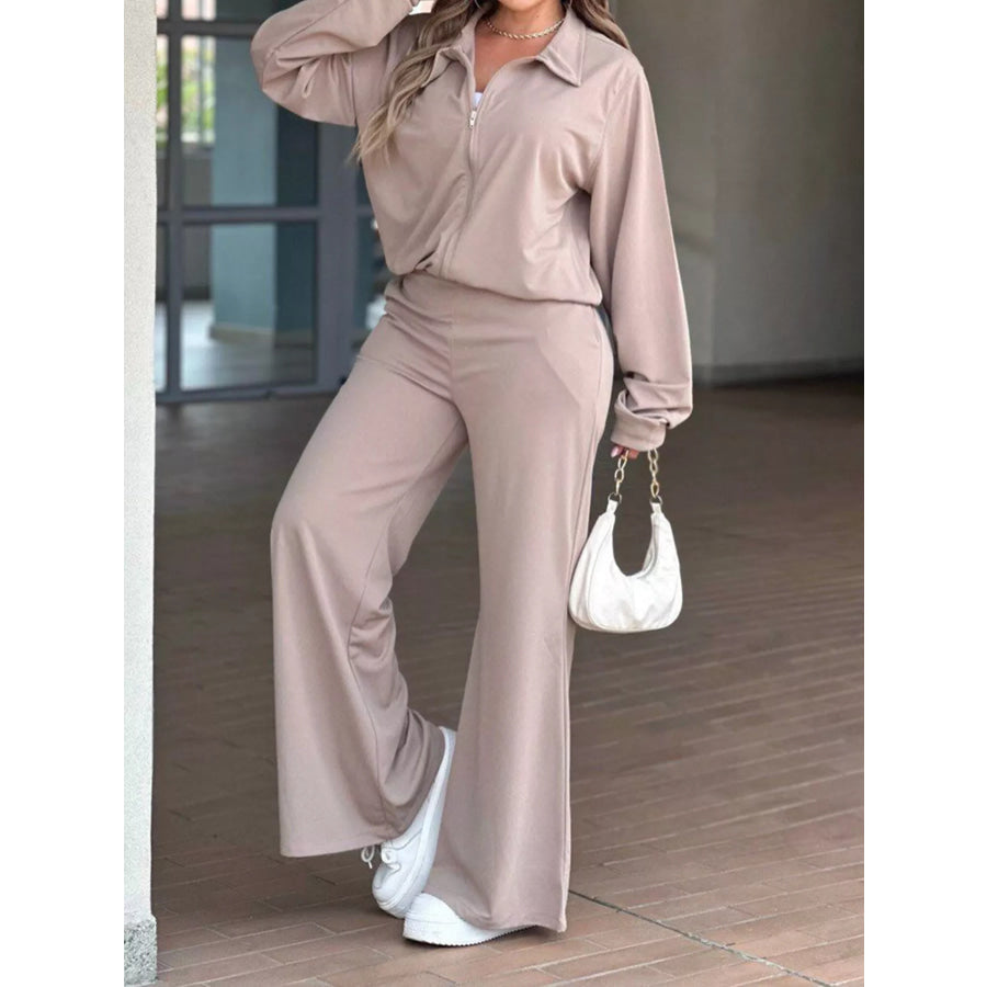 Casual Zip-Up Jacket and Wide-Leg Pants Set Apparel Accessories