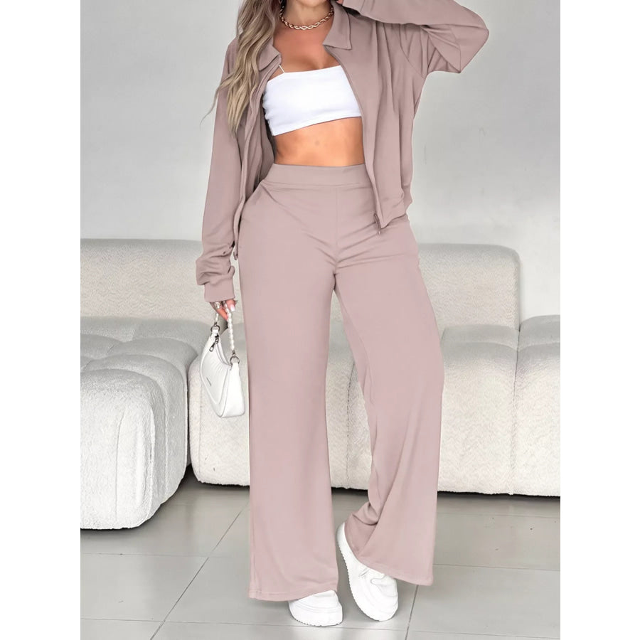 Casual Zip-Up Jacket and Wide-Leg Pants Set Apparel Accessories