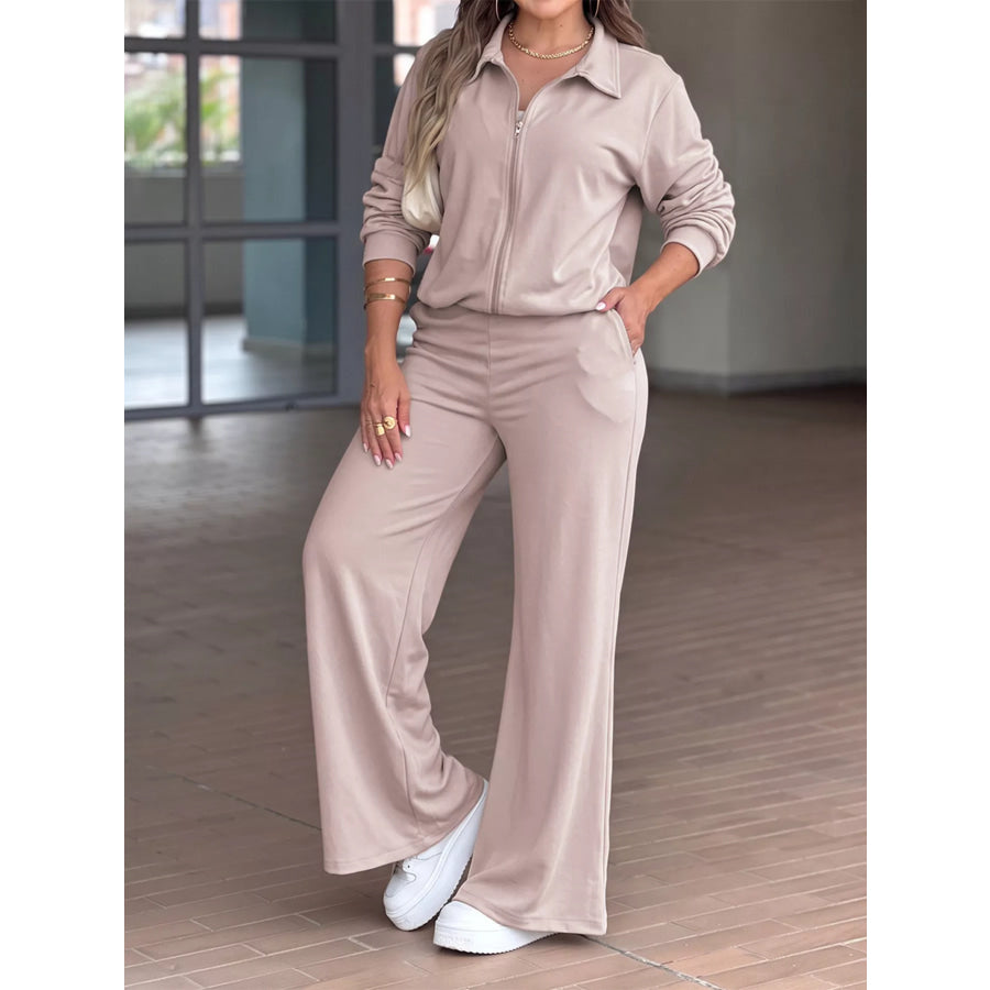 Casual Zip-Up Jacket and Wide-Leg Pants Set Khaki / S Apparel Accessories