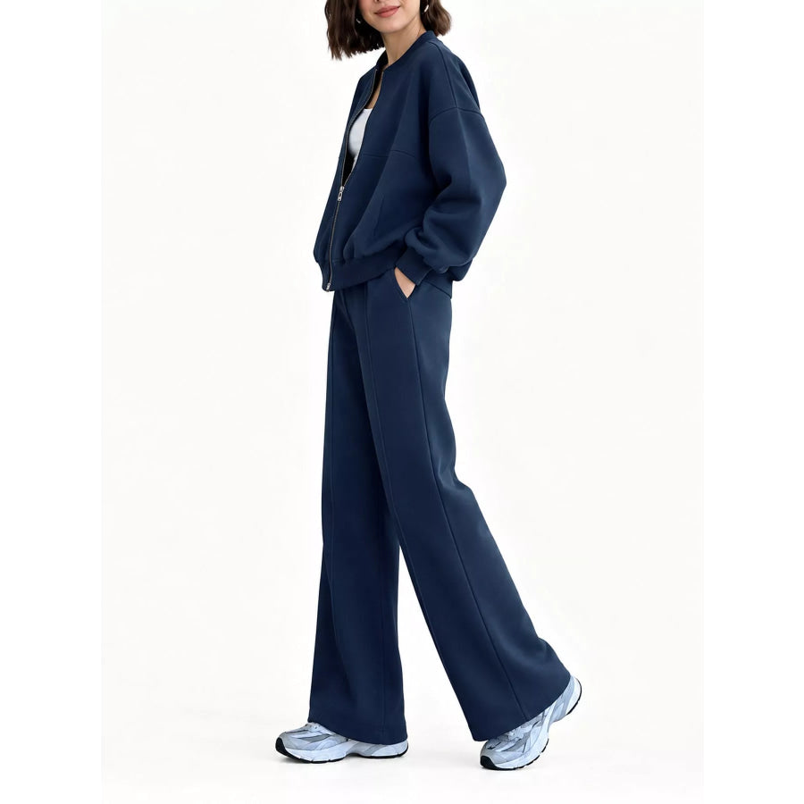 Casual Zip-Up Jacket and Wide-Leg Sweatpants Set Apparel Accessories