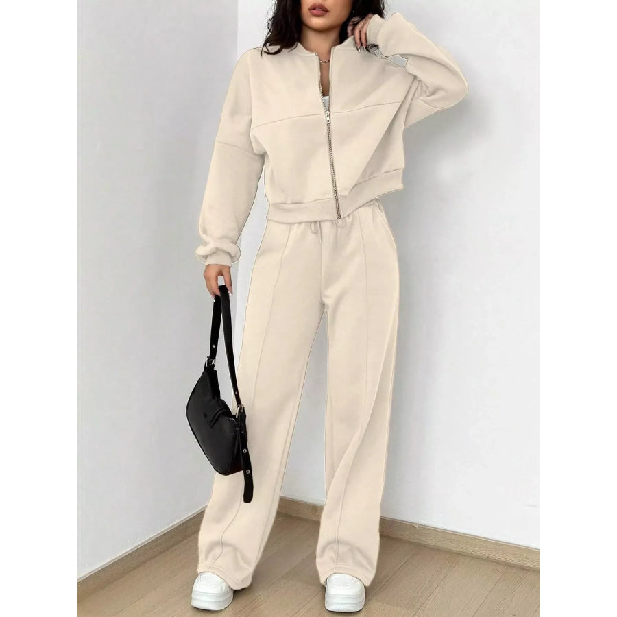 Casual Zip-Up Jacket and Wide-Leg Sweatpants Set Apparel Accessories