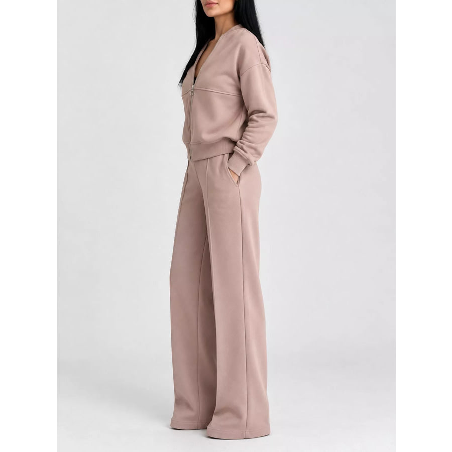 Casual Zip-Up Jacket and Wide-Leg Sweatpants Set Apparel Accessories
