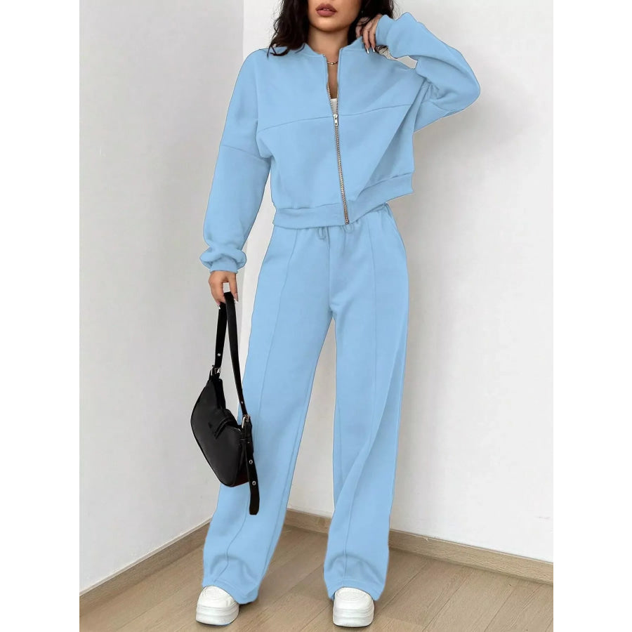 Casual Zip-Up Jacket and Wide-Leg Sweatpants Set Apparel Accessories