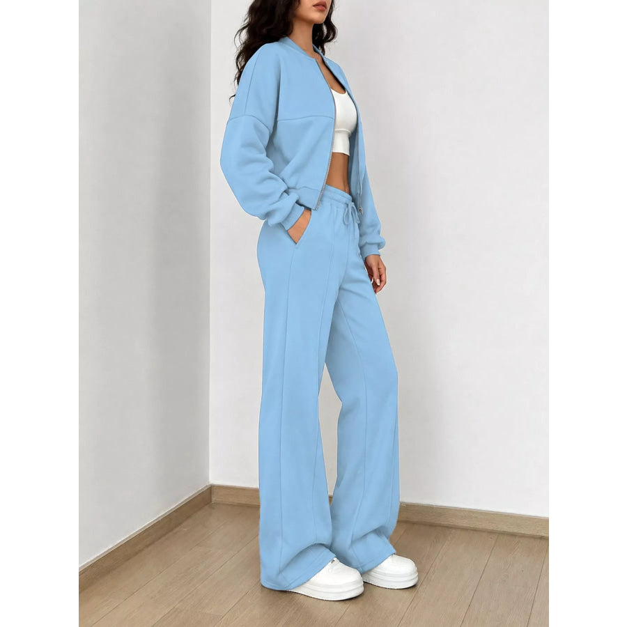 Casual Zip-Up Jacket and Wide-Leg Sweatpants Set Apparel Accessories