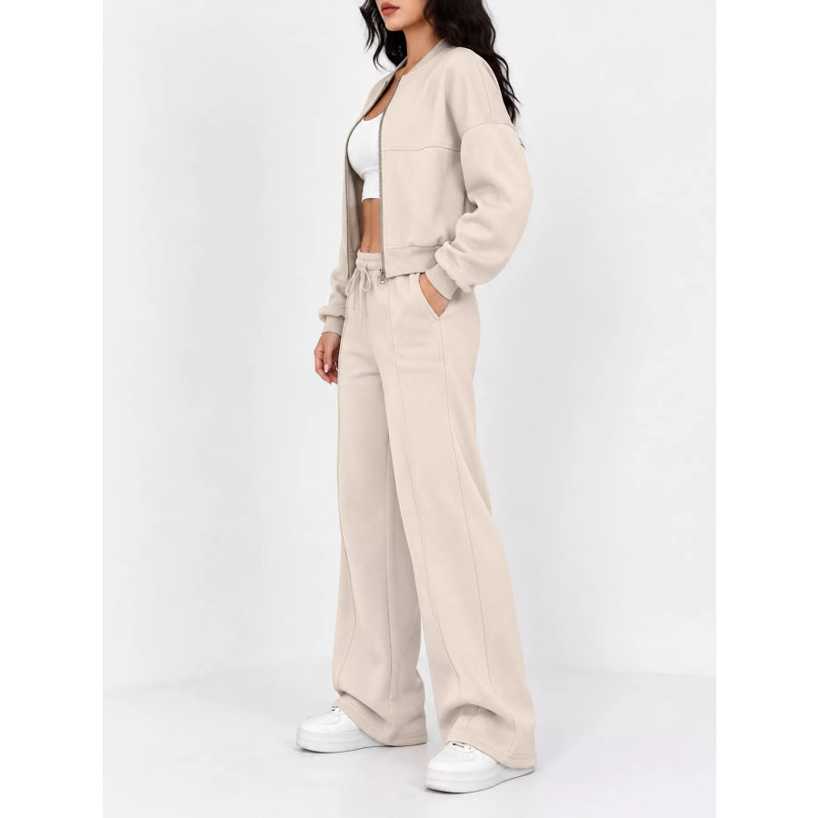 Casual Zip-Up Jacket and Wide-Leg Sweatpants Set Apparel Accessories