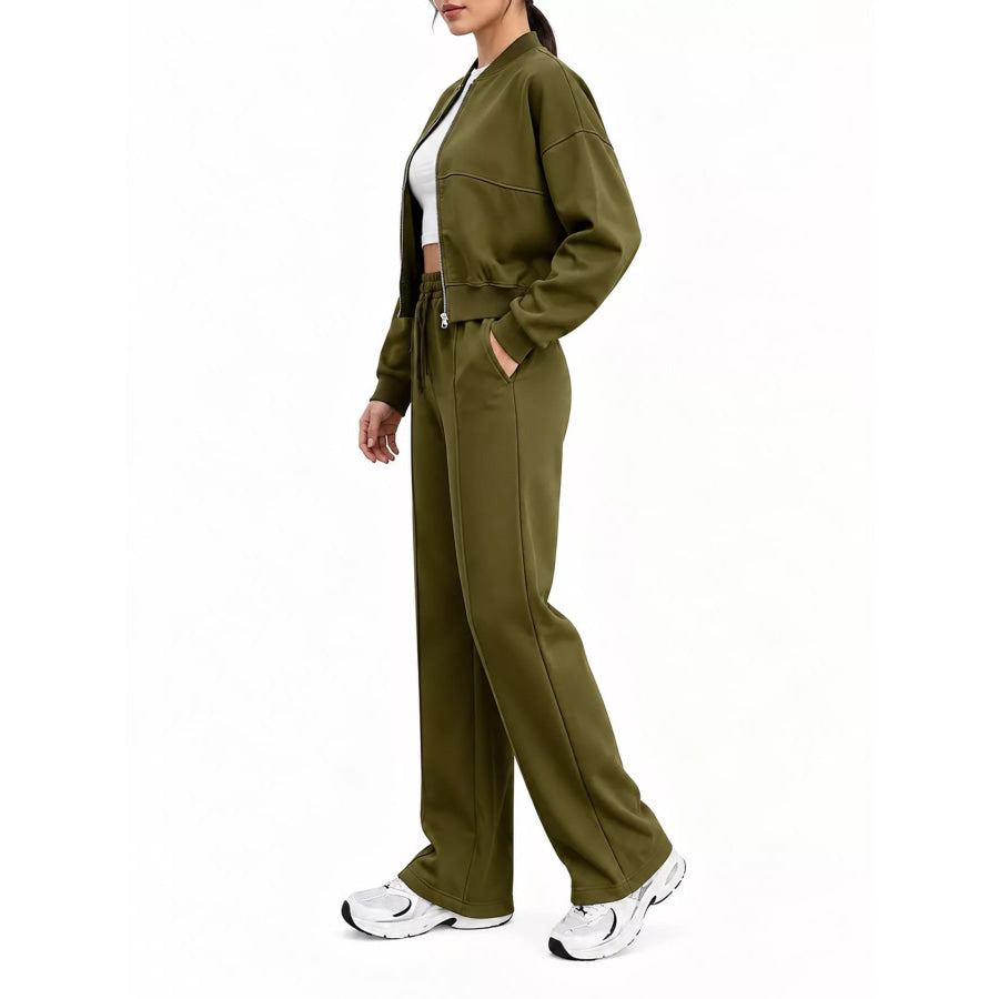 Casual Zip-Up Jacket and Wide-Leg Sweatpants Set Apparel Accessories