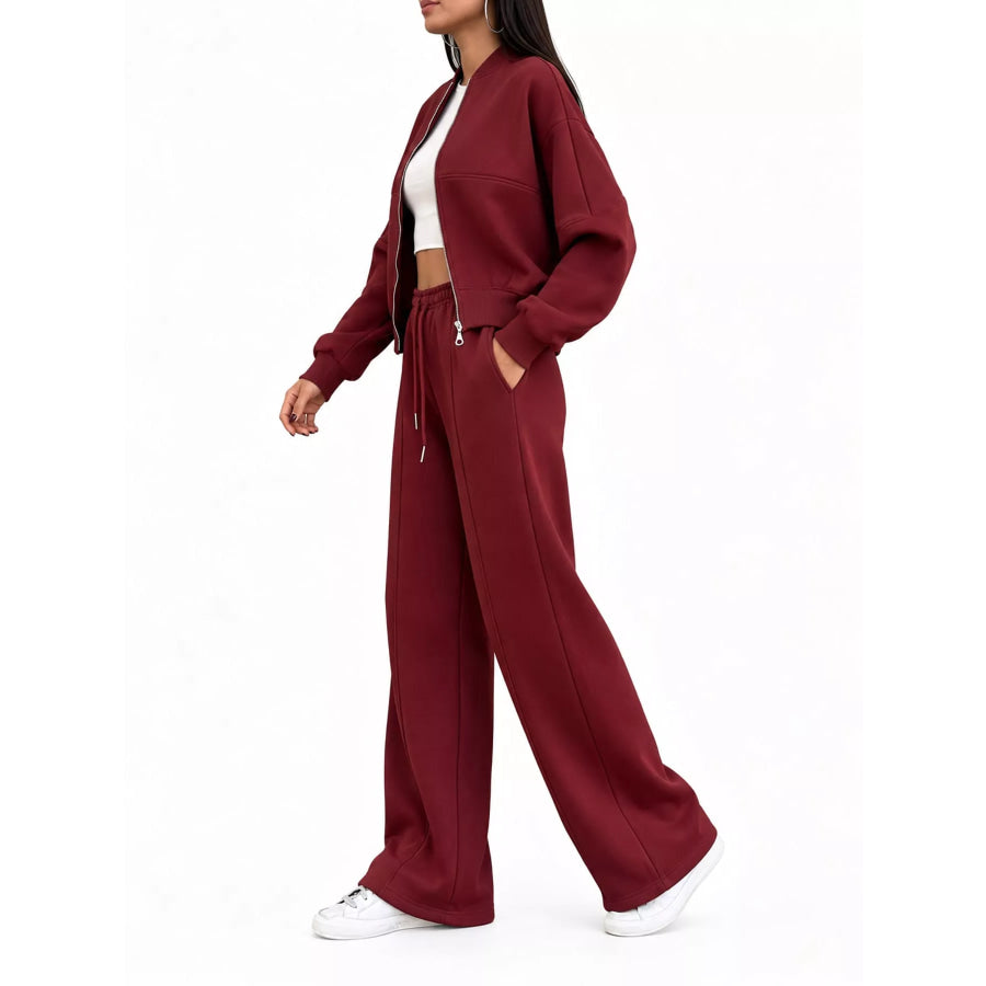 Casual Zip-Up Jacket and Wide-Leg Sweatpants Set Apparel Accessories