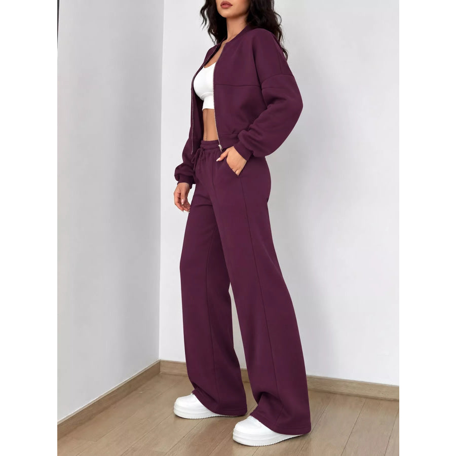 Casual Zip-Up Jacket and Wide-Leg Sweatpants Set Apparel Accessories