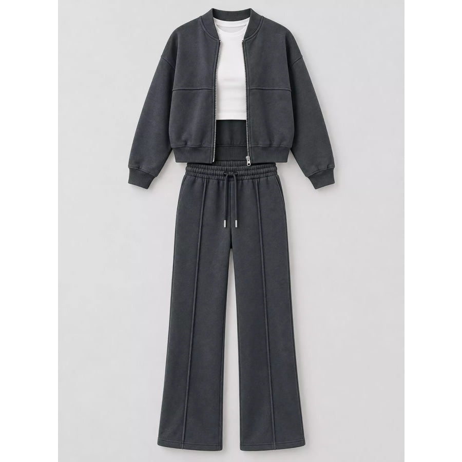Casual Zip-Up Jacket and Wide-Leg Sweatpants Set Apparel Accessories