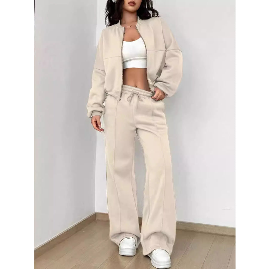 Casual Zip-Up Jacket and Wide-Leg Sweatpants Set Apricot / S Apparel Accessories