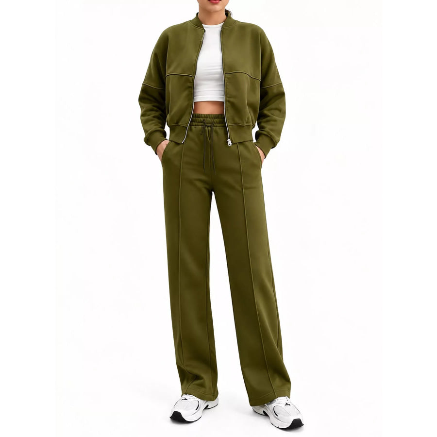 Casual Zip-Up Jacket and Wide-Leg Sweatpants Set Army Green / S Apparel Accessories