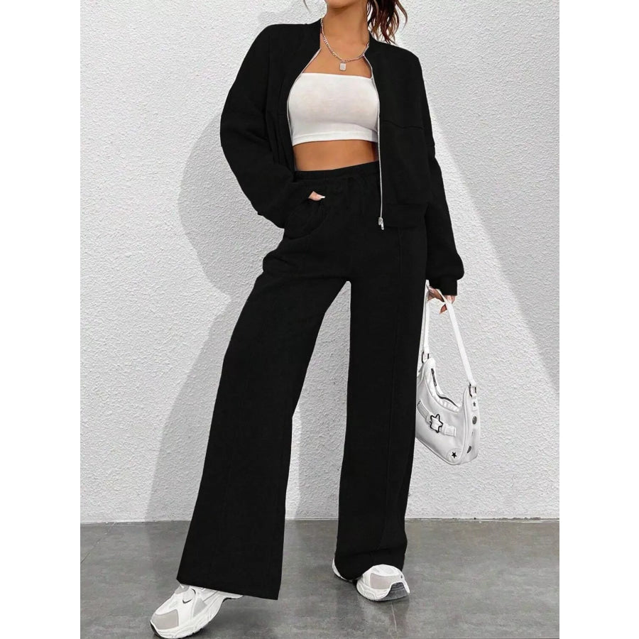 Casual Zip-Up Jacket and Wide-Leg Sweatpants Set Black / S Apparel Accessories