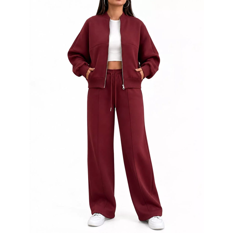 Casual Zip-Up Jacket and Wide-Leg Sweatpants Set Burgundy / S Apparel Accessories