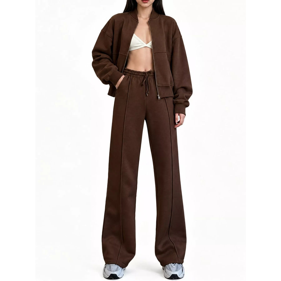 Casual Zip-Up Jacket and Wide-Leg Sweatpants Set Coffee / S Apparel Accessories