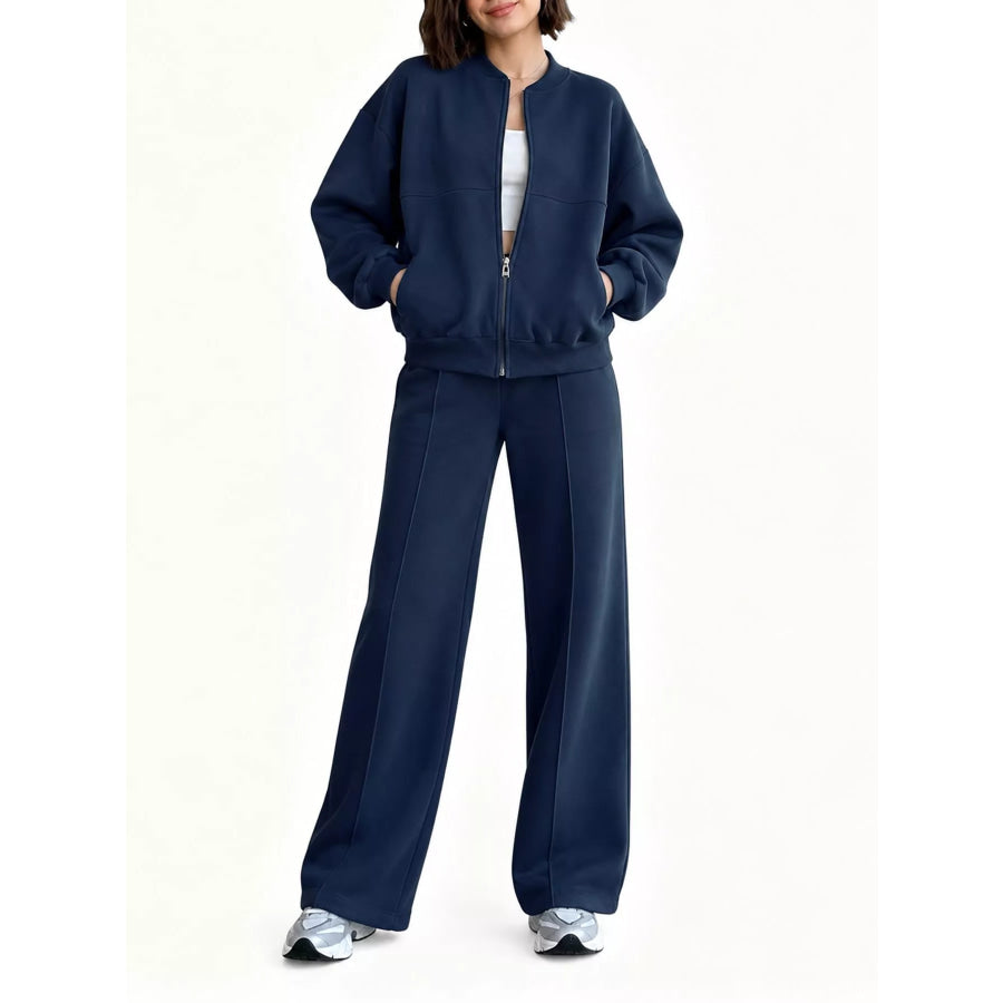 Casual Zip-Up Jacket and Wide-Leg Sweatpants Set Dark Blue / S Apparel Accessories