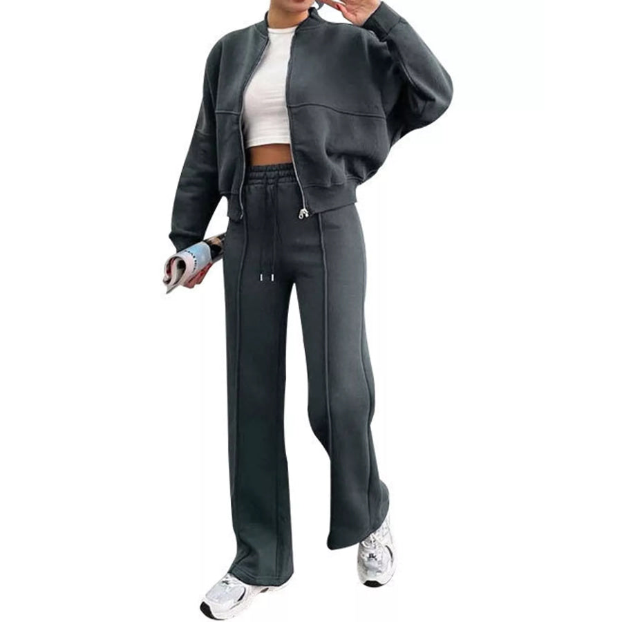 Casual Zip-Up Jacket and Wide-Leg Sweatpants Set Dark Gray / S Apparel Accessories