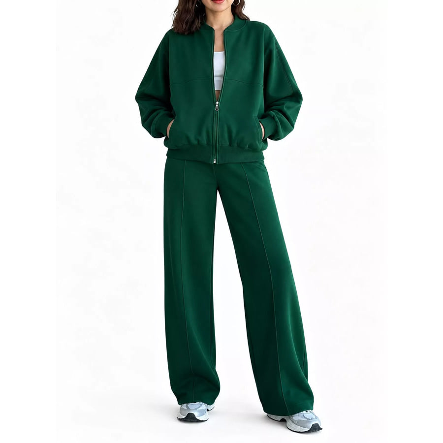 Casual Zip-Up Jacket and Wide-Leg Sweatpants Set Dark Green / S Apparel Accessories