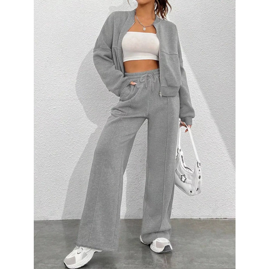 Casual Zip-Up Jacket and Wide-Leg Sweatpants Set Gray / S Apparel Accessories