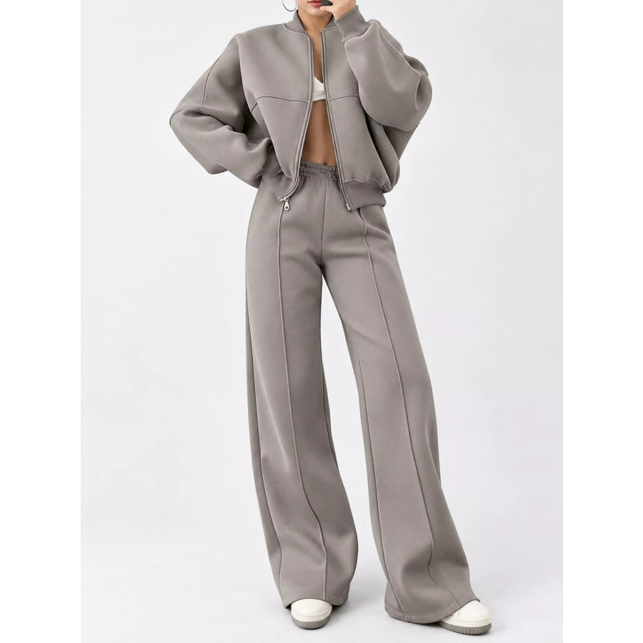 Casual Zip-Up Jacket and Wide-Leg Sweatpants Set Khaki / S Apparel Accessories