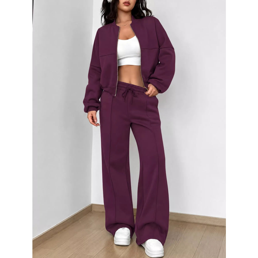 Casual Zip-Up Jacket and Wide-Leg Sweatpants Set Magenta / S Apparel Accessories