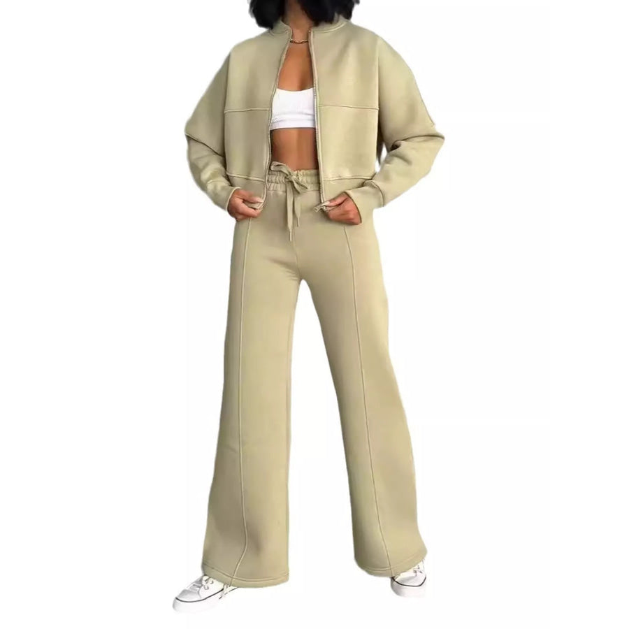 Casual Zip-Up Jacket and Wide-Leg Sweatpants Set Matcha Yellow / S Apparel Accessories