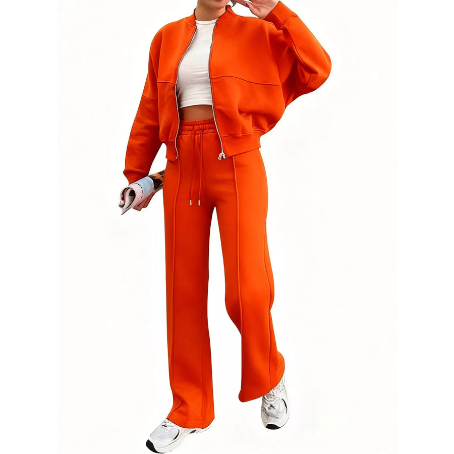 Casual Zip-Up Jacket and Wide-Leg Sweatpants Set Orange Red / S Apparel Accessories
