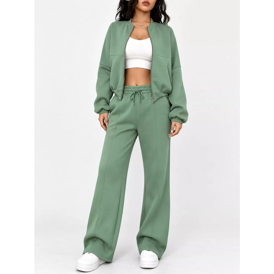 Casual Zip-Up Jacket and Wide-Leg Sweatpants Set Pea Green / S Apparel Accessories