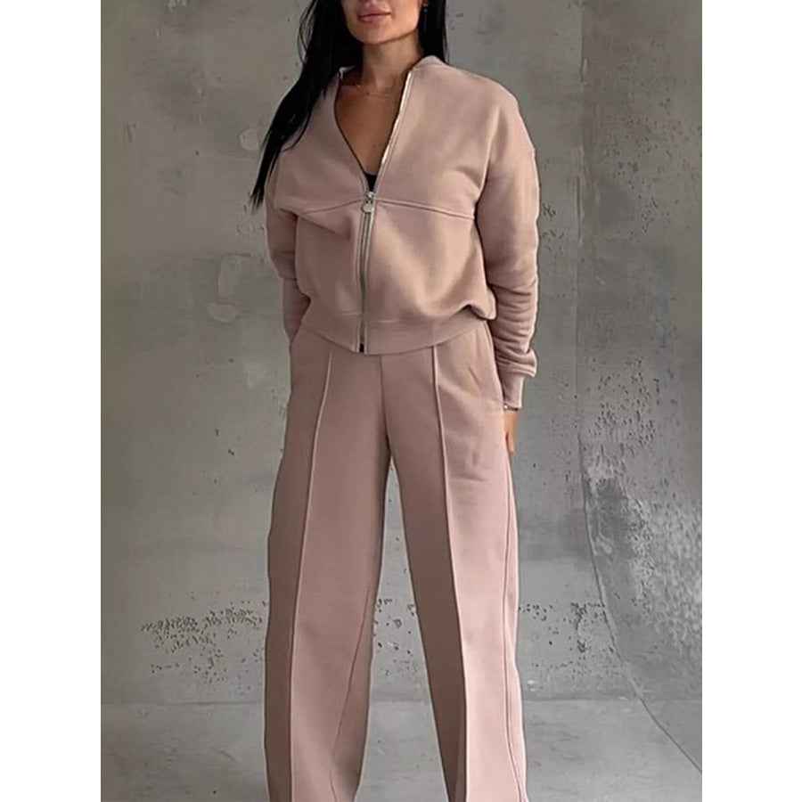 Casual Zip-Up Jacket and Wide-Leg Sweatpants Set Rose / S Apparel Accessories