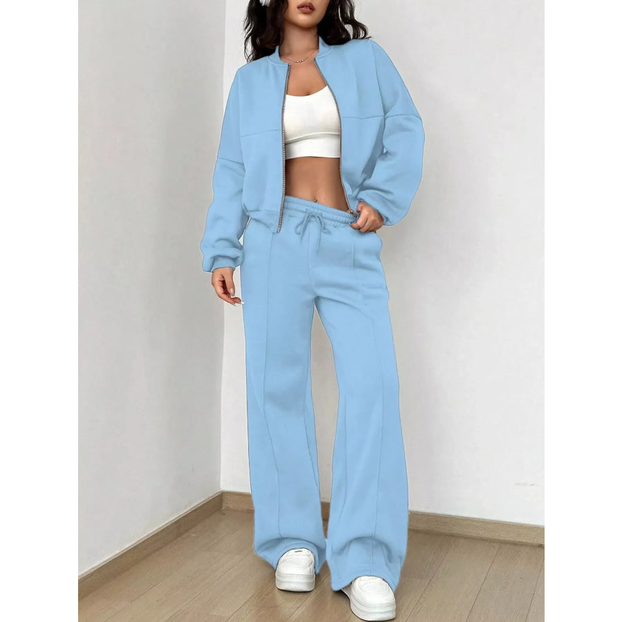 Casual Zip-Up Jacket and Wide-Leg Sweatpants Set Sky Blue / S Apparel Accessories