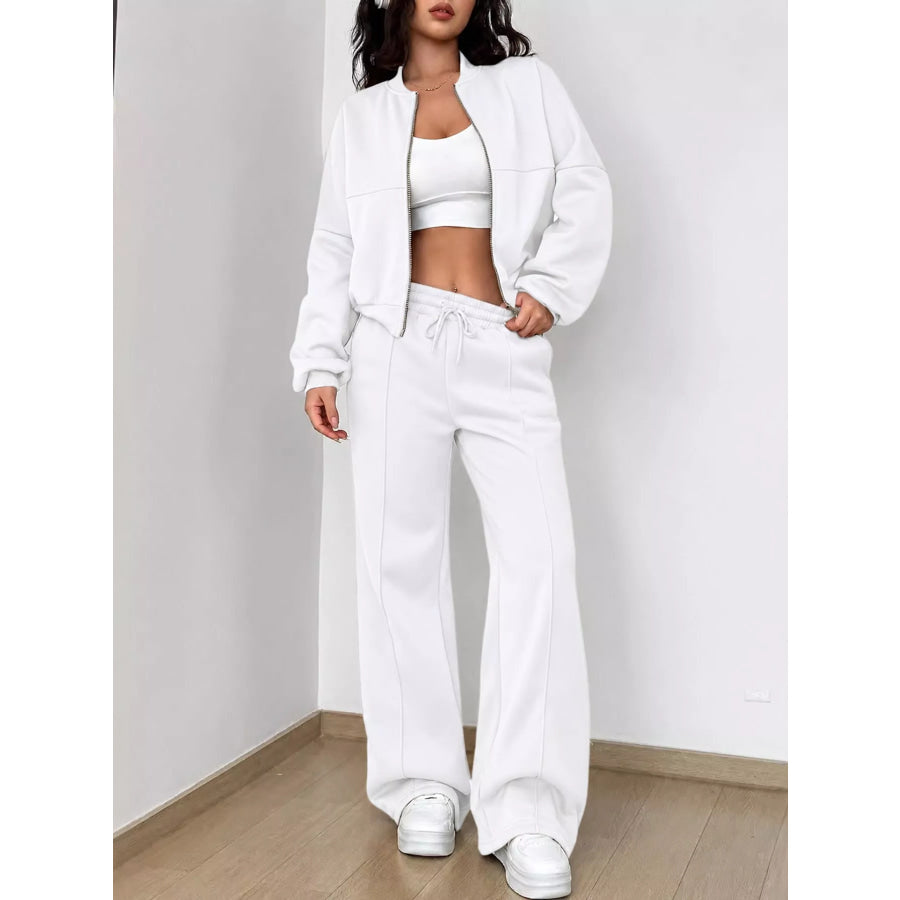 Casual Zip-Up Jacket and Wide-Leg Sweatpants Set White / S Apparel Accessories