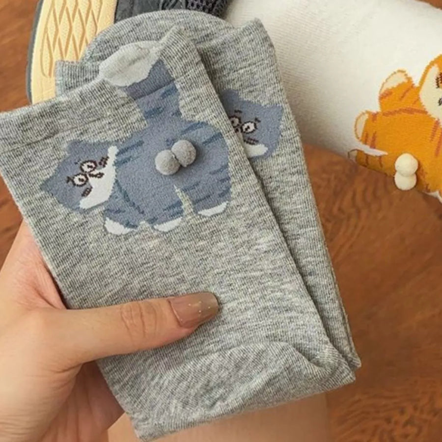 Cat Pattern Cotton Socks Gray / One Size Apparel and Accessories
