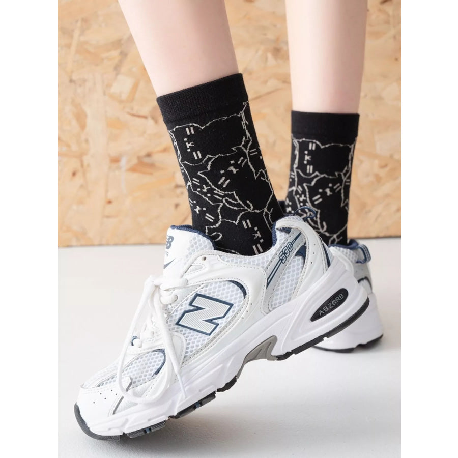 Cat Pattern Crew Socks Black / One Size Apparel and Accessories