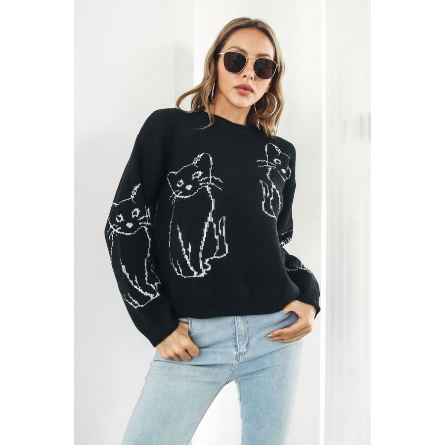Cat Pattern Round Neck Long Sleeve Pullover Sweater Black / S