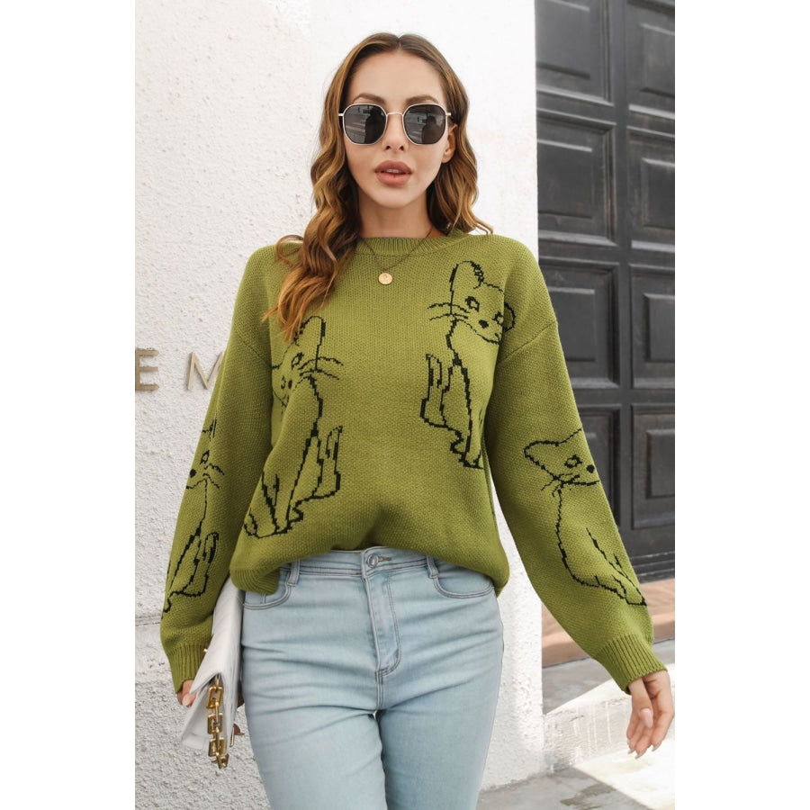 Cat Pattern Round Neck Long Sleeve Pullover Sweater Moss / S