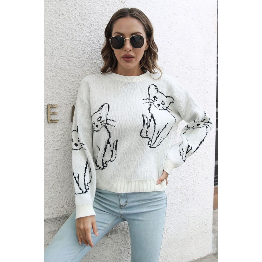 Cat Pattern Round Neck Long Sleeve Pullover Sweater