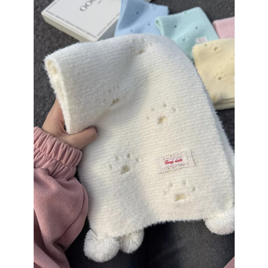 Cat Paw Pom-Pom Knitted Scarf Milky White / ONESIZE Apparel and Accessories