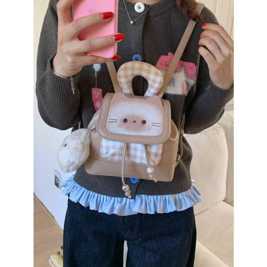 Cat Plaid Backpack Bag Tan / One Size Apparel and Accessories
