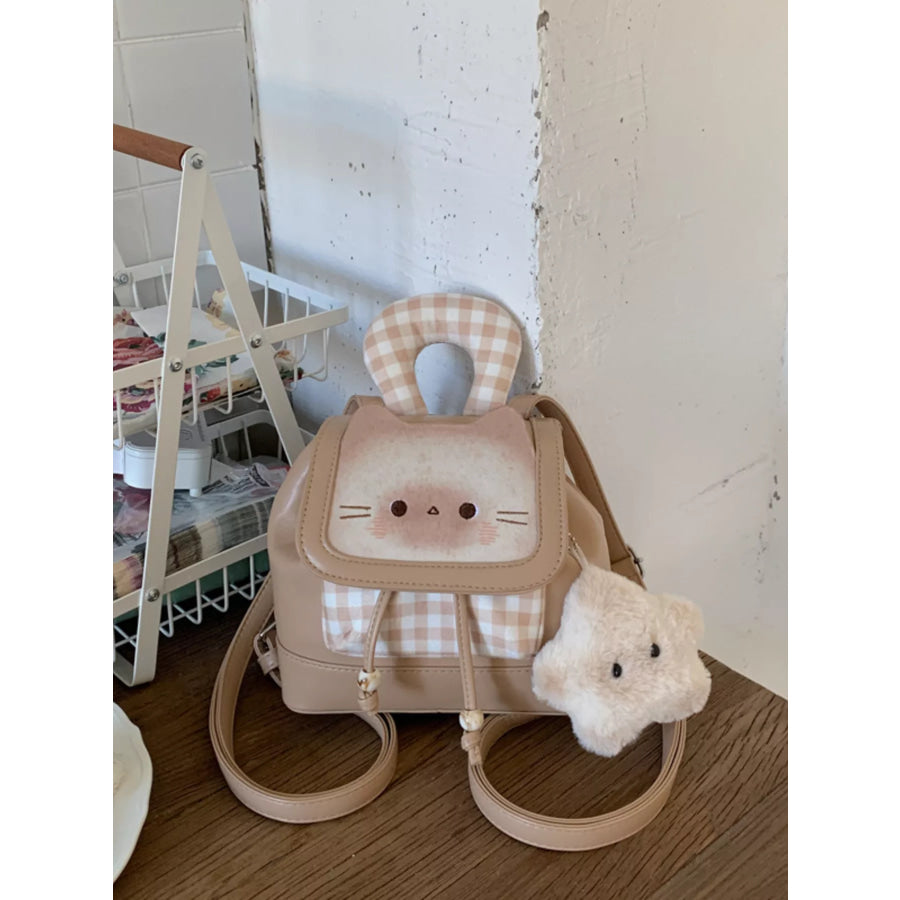 Cat Plaid Backpack Bag Tan / One Size Apparel and Accessories