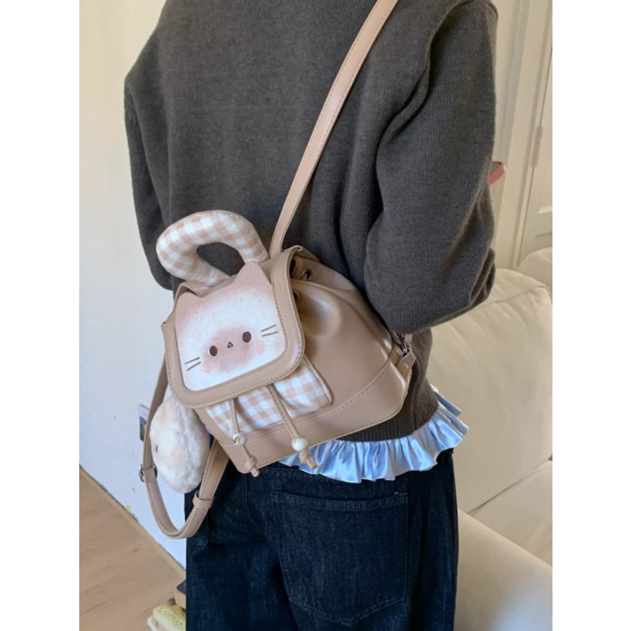 Cat Plaid Backpack Bag Tan / One Size Apparel and Accessories