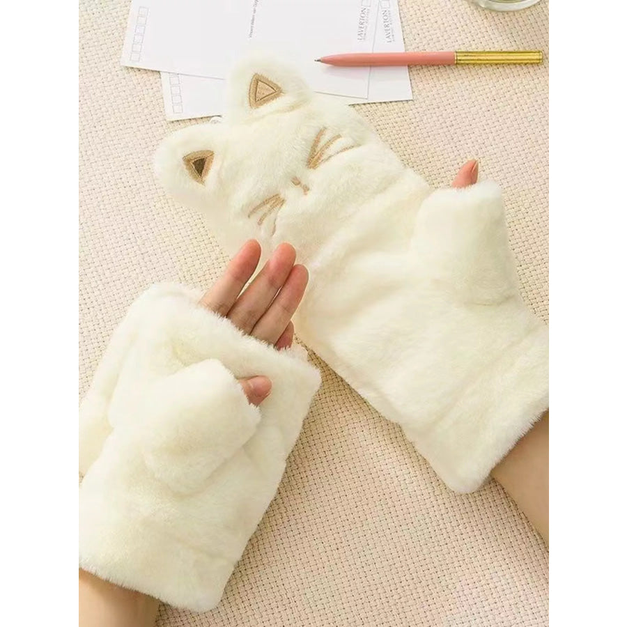 Cat Plush Fingerless Gloves White / One Size Apparel and Accessories