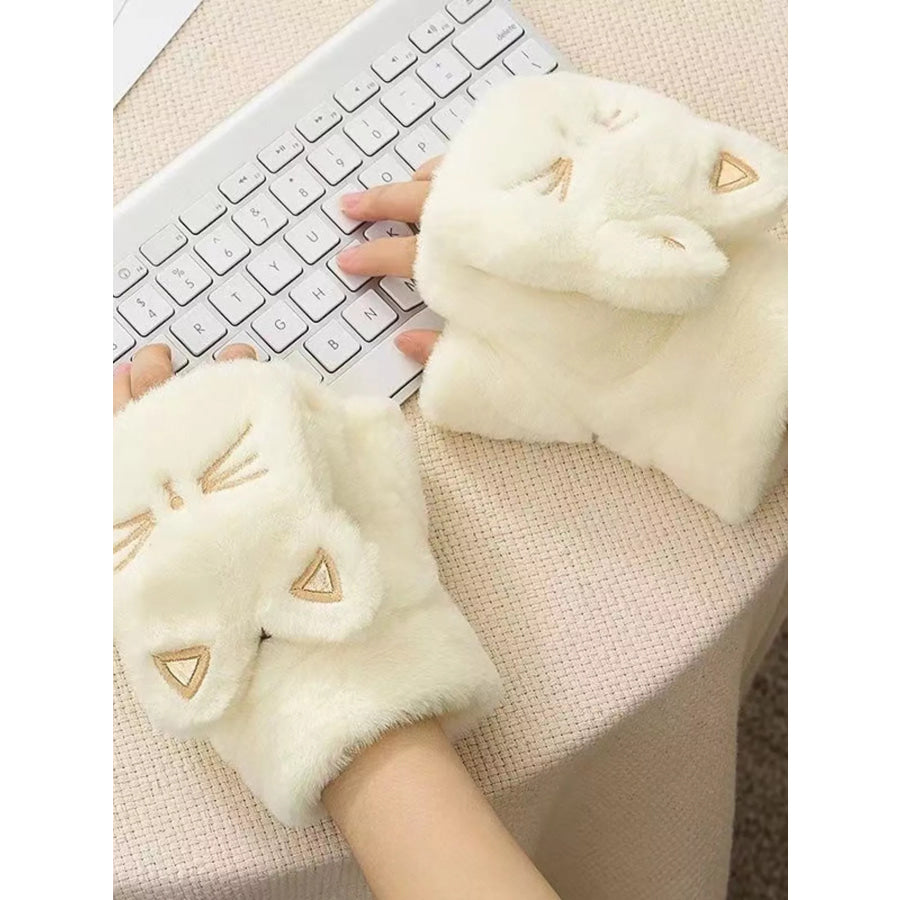 Cat Plush Fingerless Gloves White / One Size Apparel and Accessories