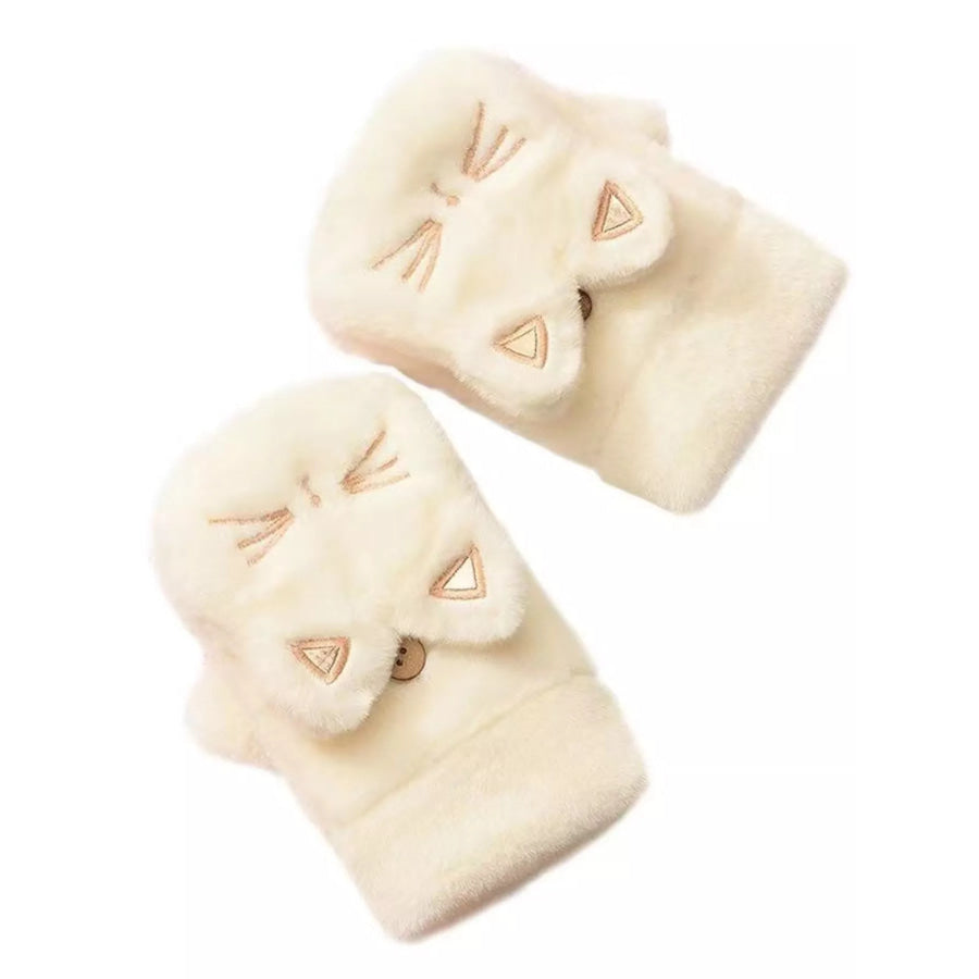 Cat Plush Fingerless Gloves White / One Size Apparel and Accessories